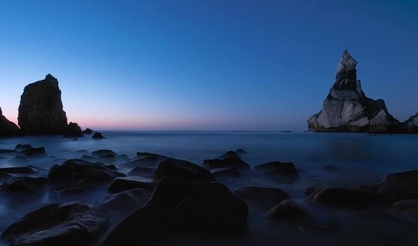 nature, stone, sunset, beach, rock, sea, twilight, screensaver