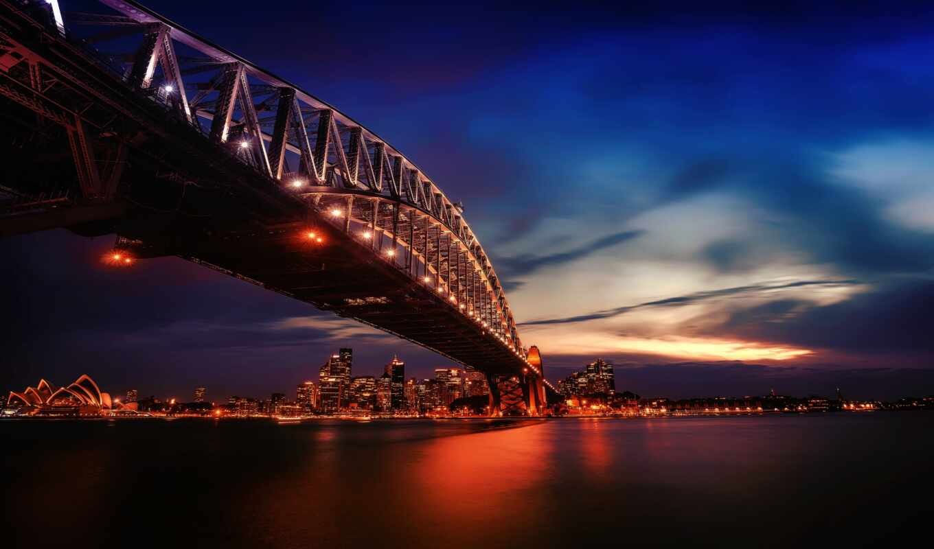 ночь, мост, австралия, sydney, огни, bay, гавань, театр, оперный