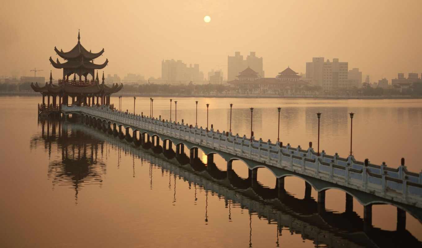 lake, city, water, lotus, Kaoxing