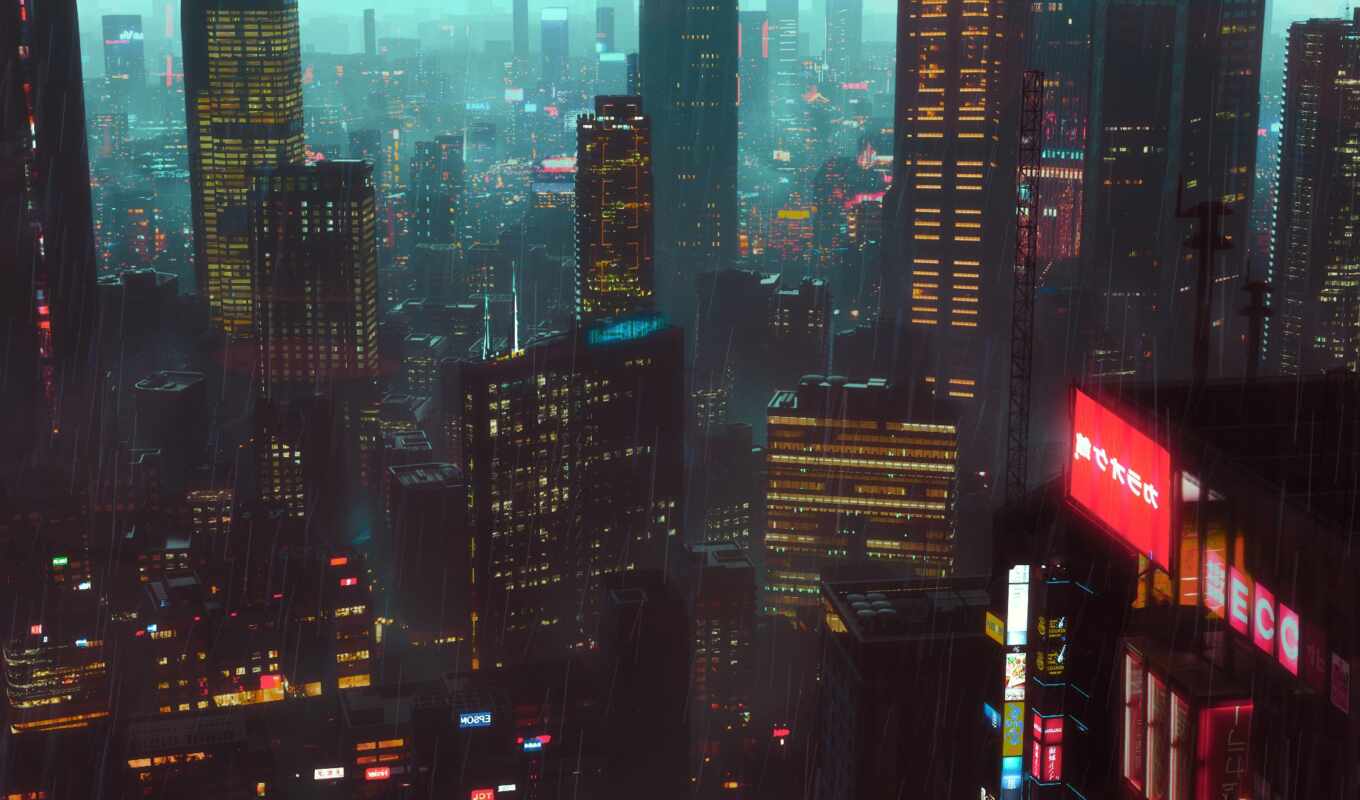 art, дождь, город, ночь, cyberpunk