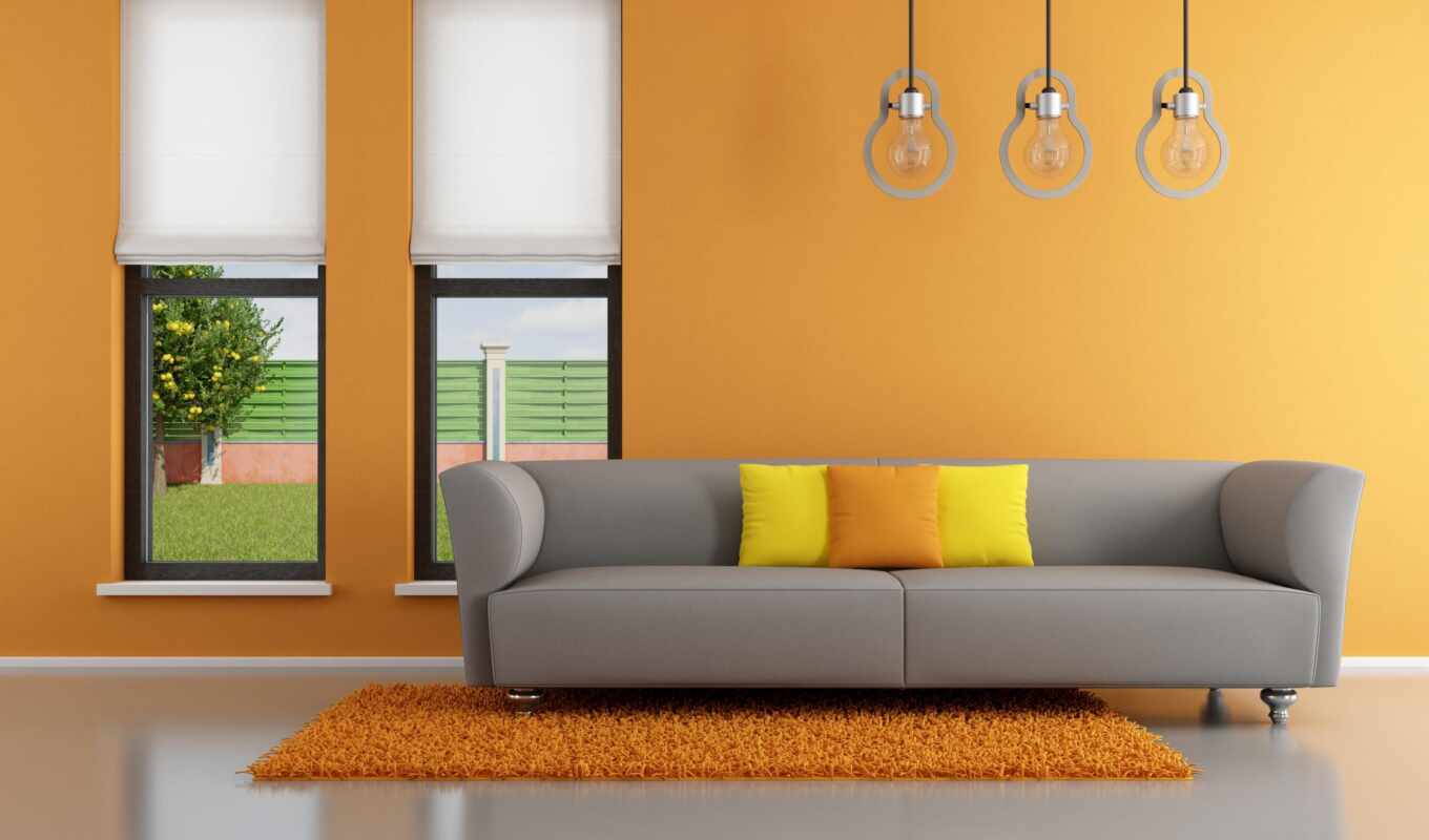 комната, картинка, design, диван, интерьер, living, оранжевый, minimalist, ковёр, stylish