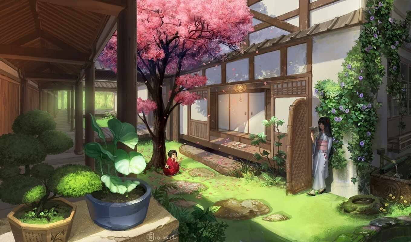 art, house, картинку, anime, Сакура, asian, девочки, garden, кимоно, bonsai, mugon