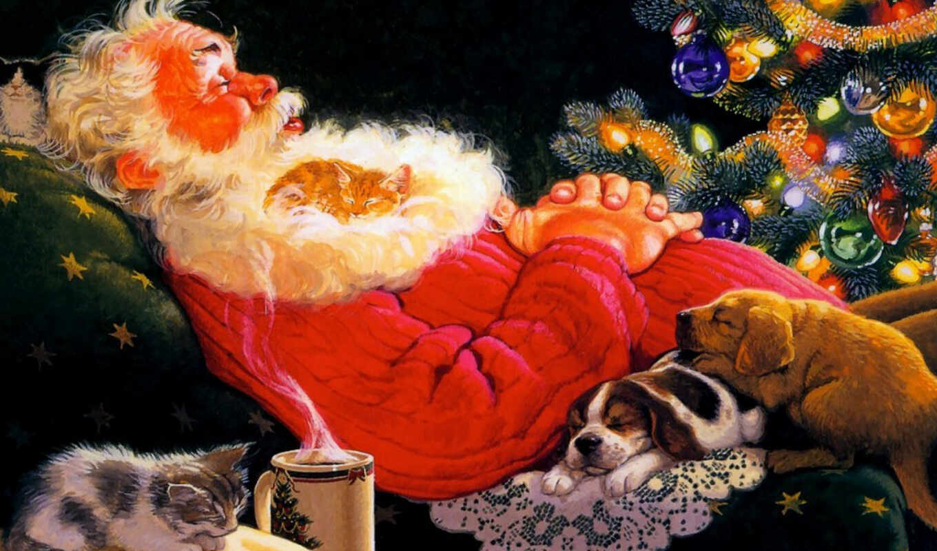 tom, black, drawing, armchair, claus, santa, cat, sleeping, pupils, frost, grandpa, Christmas tree, picture, dogs, cup, vapour, claus, news, seals