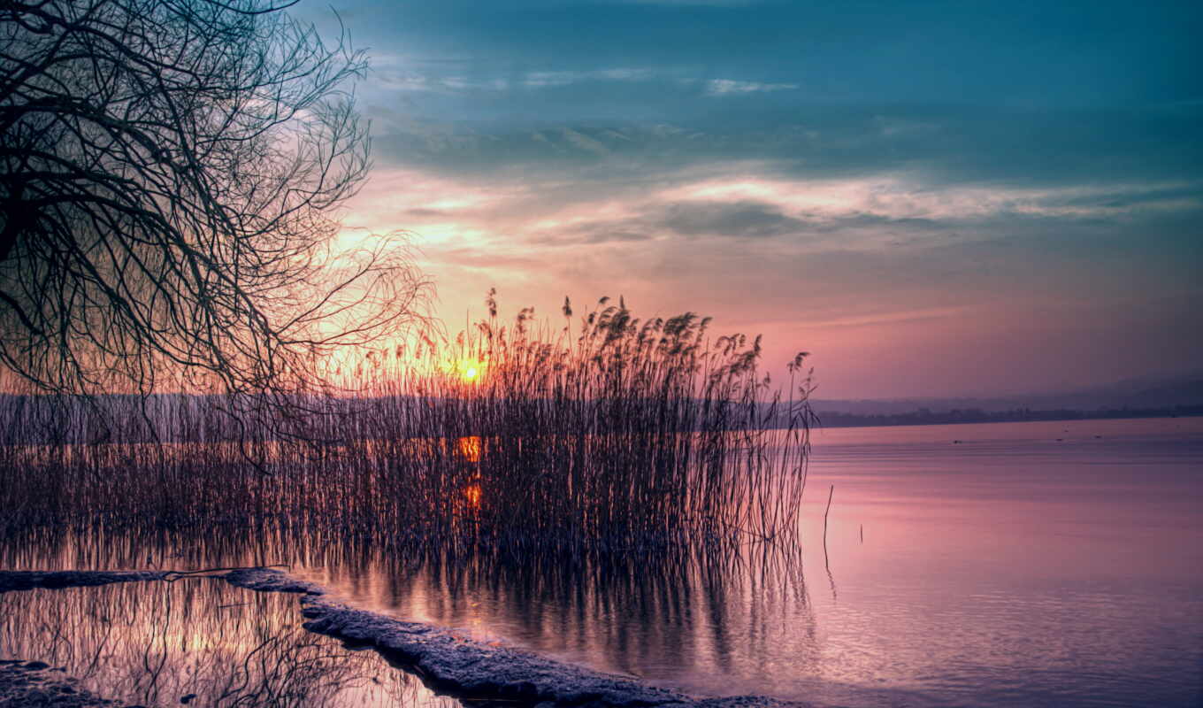 lake, sky, sun, sunset, snow, beautiful, winter, evening, pink, twilight