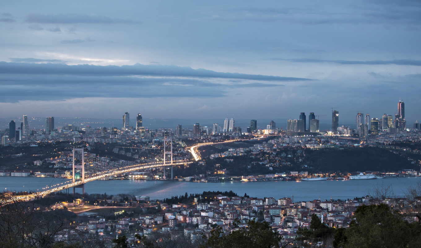 city, channel, night, Bridge, sea, turkey, Istanbul