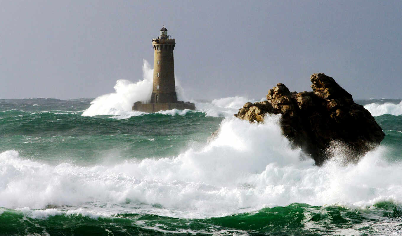 небо, буря, море, lighthouse, waves