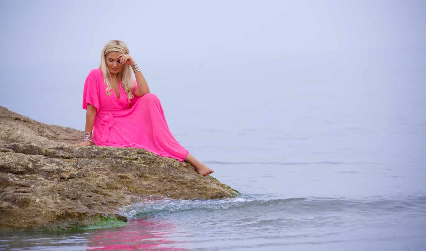 девушка, волосы, глаза, платье, розовый, sit, lovely, озеро