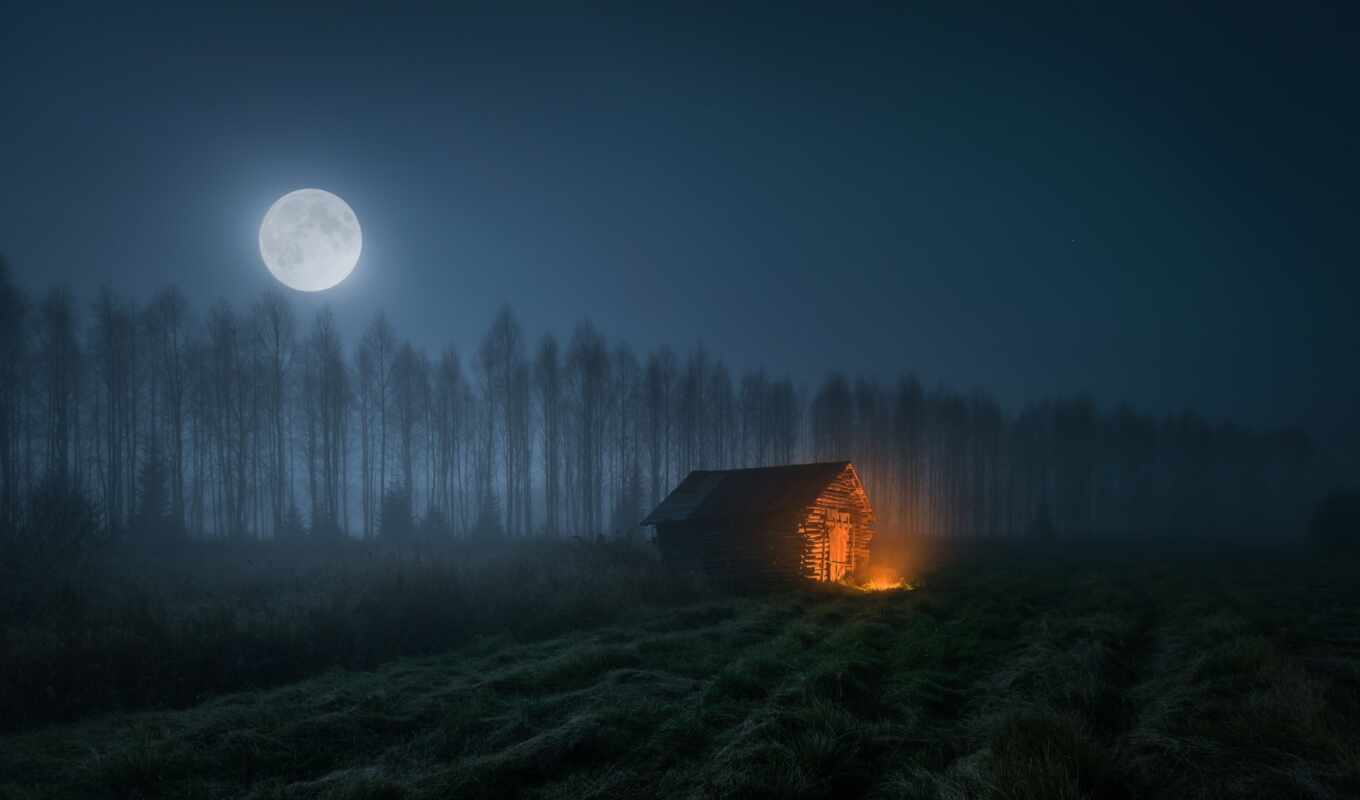хороший, house, дерево, ночь, луна, landscape, time, огонь, туман, narrow