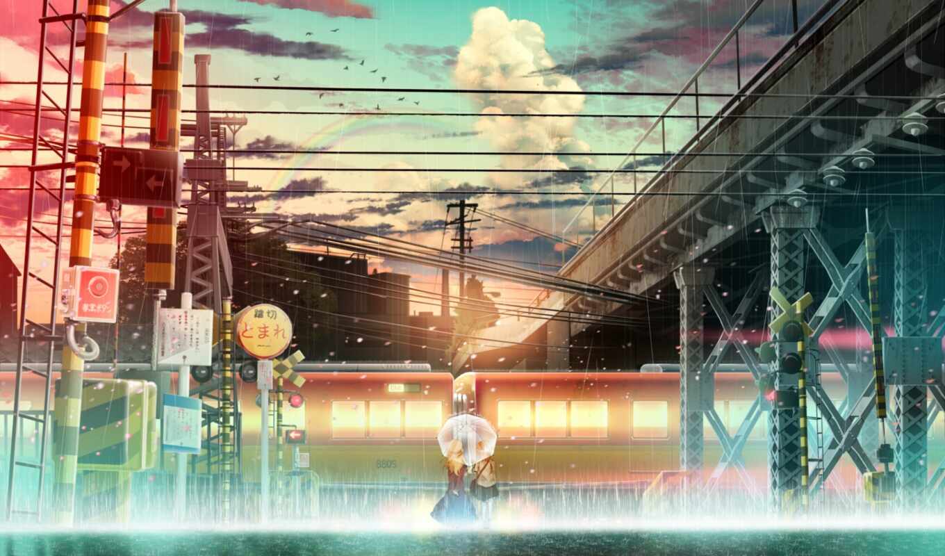 девушка, фон, anime, поезд, line, scenery