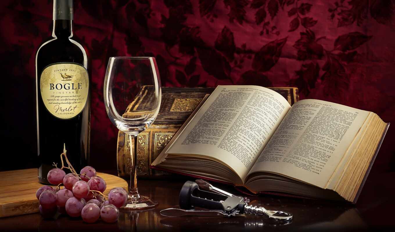 glass, книга, вино, виноград, штопор
