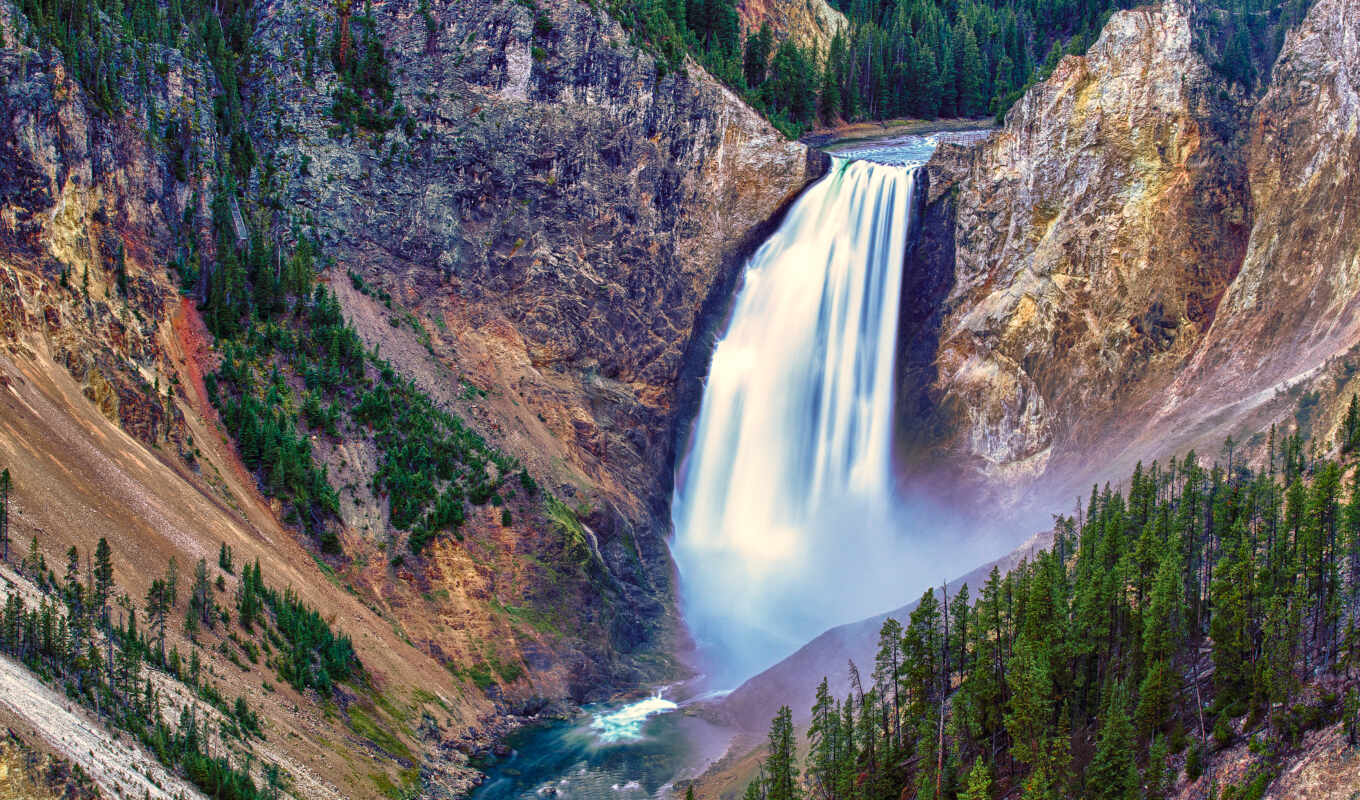 природа, park, водопад, водопады, trees, falls, national, yellowstone, поток, lower, горы