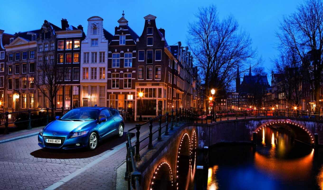 вечер, машина, города, здания, amsterdam, among, разных, высокие, 