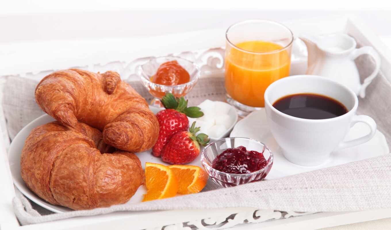 glass, coffee, оранжевый, juice, завтрак, джем, kruassannyi