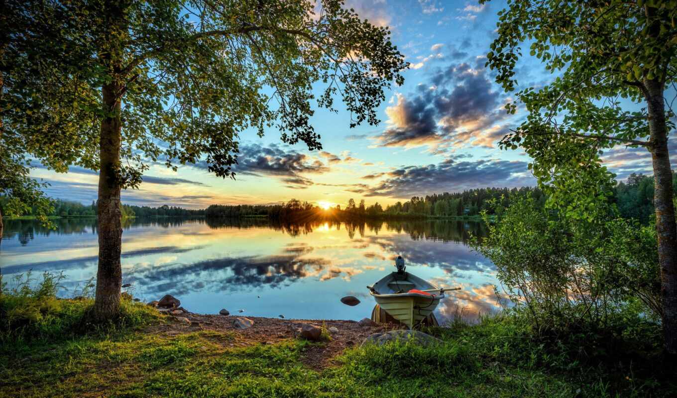 озеро, закат, корабль, лес, motor, река, лодка, финляндия, fore, pazlyi