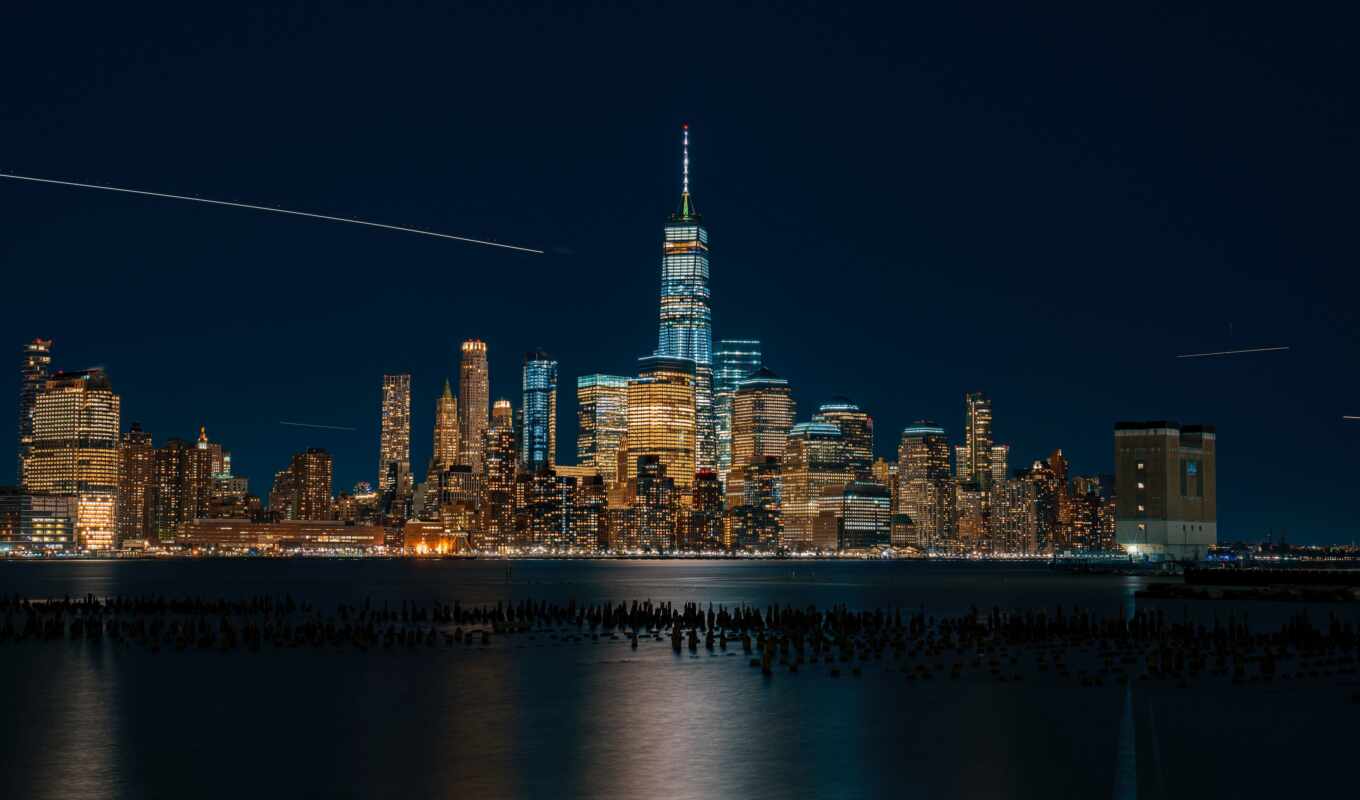 new, city, night, water, lights, usa, reflection, york, skyscraper