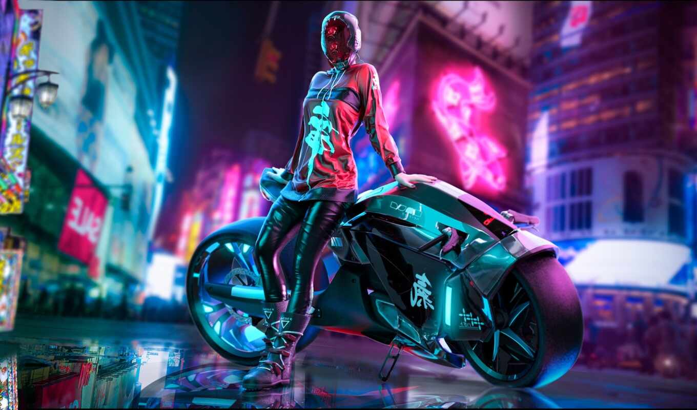 девушка, мотоцикл, смотреть, cyberpunk