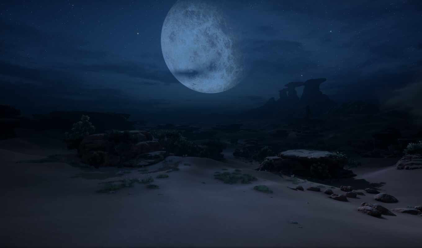 mountains, night, moon, stones