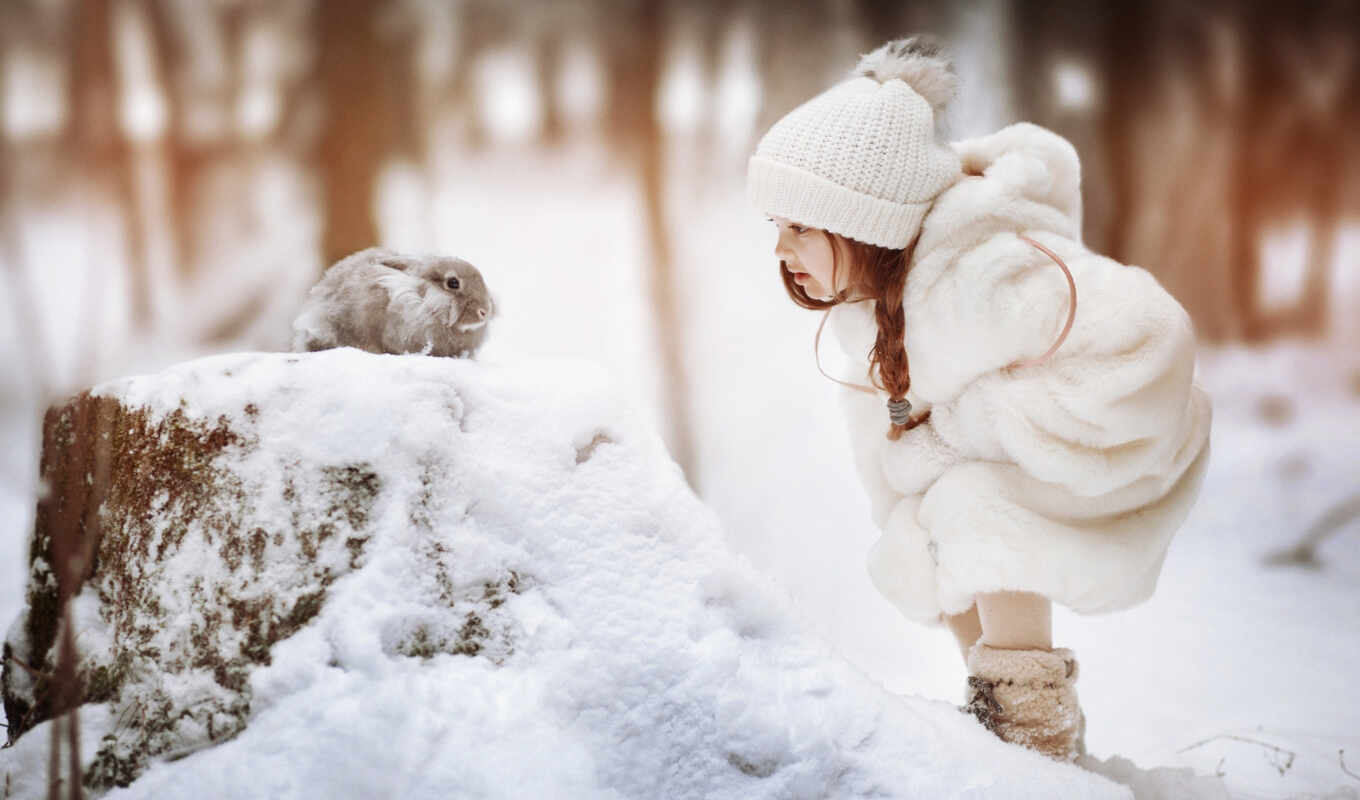 hat, girl, winter, rabbit