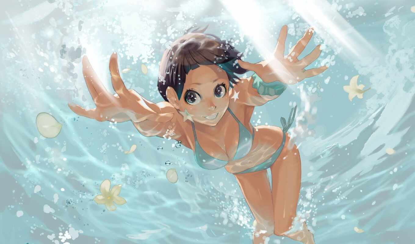 anime, water, sea, girl, mood