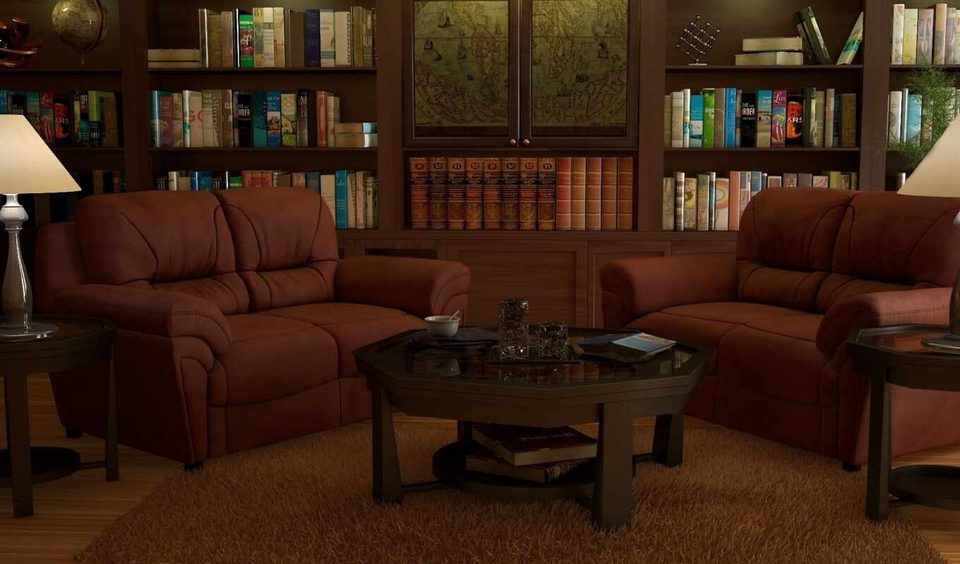 art, rendering, couches, books, polki, interer, room, map, library, cabinet