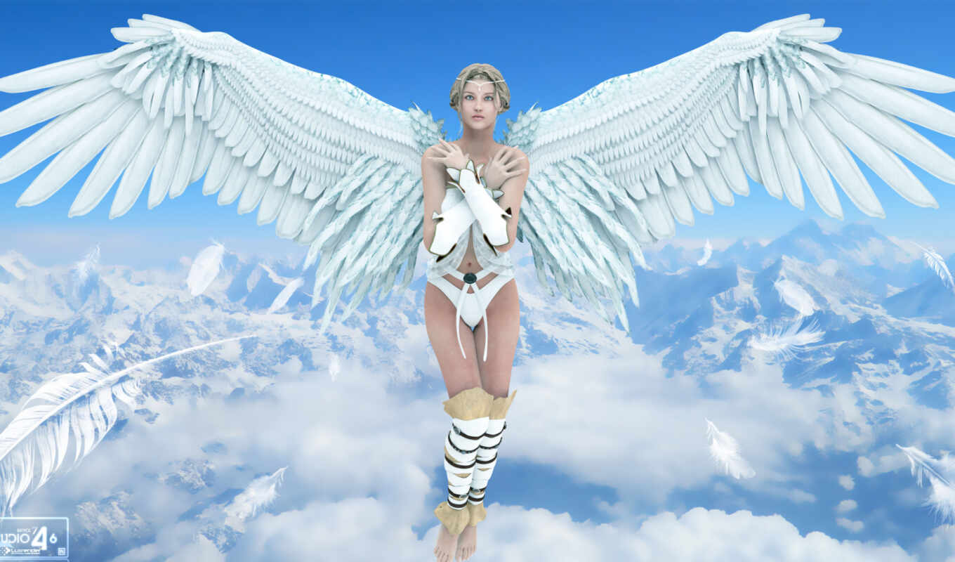небо, девушка, фантастика, rendering, angel, fantasy, перья, oblaka, крылья