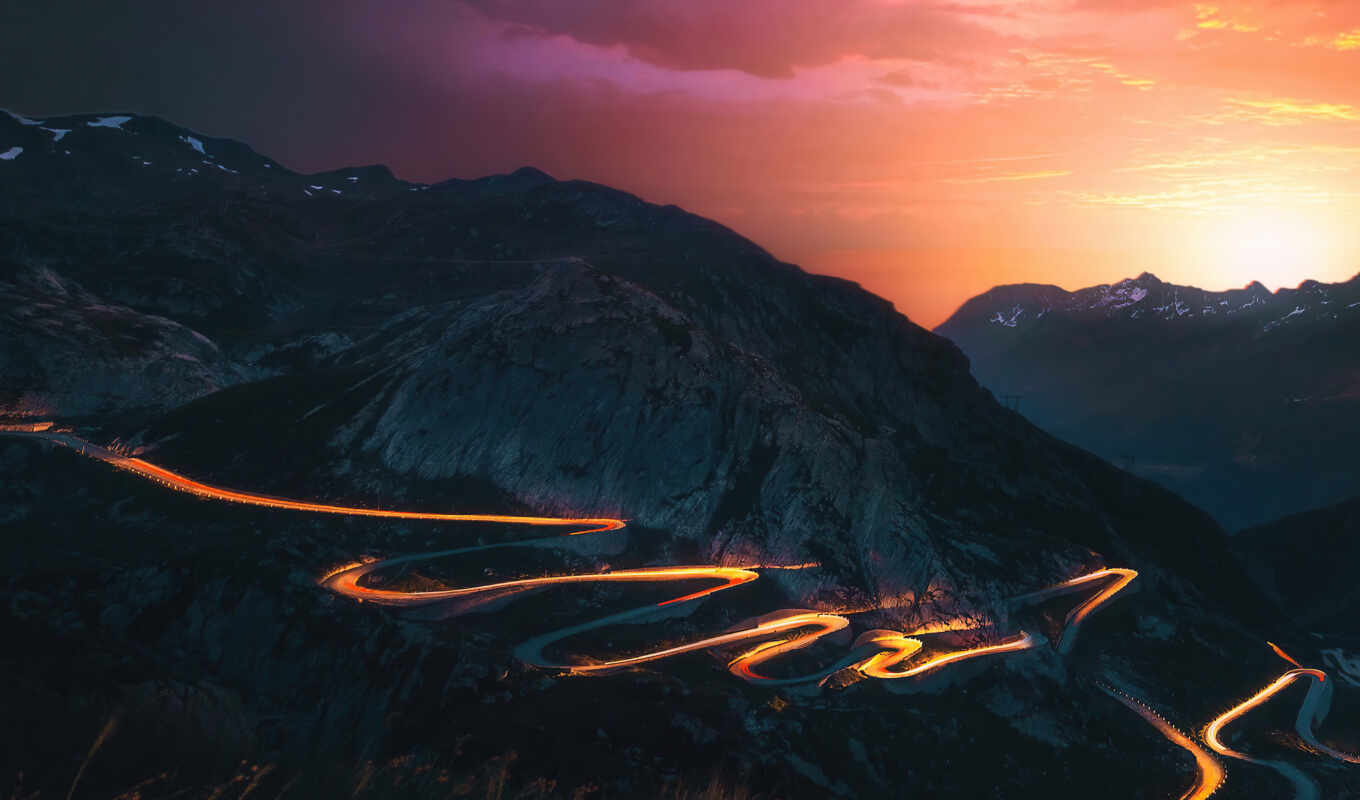 sunset, mountain, road, lights, long, trail, exposure