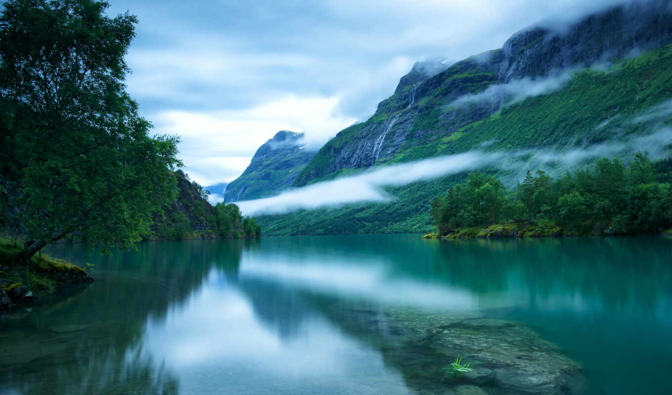 озеро, desktop, гладь, trees, mountains, туман, норвегия, western, скандинавский, loen