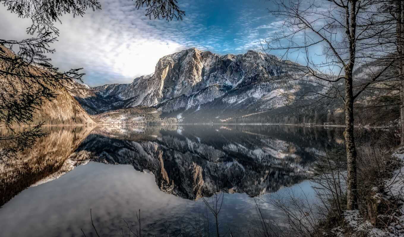 lake, nature, tree, winter, mountain, landscape, Austria, reflection, Europe, altaussee, styrium