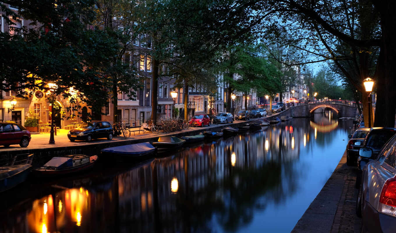 дома, город, канал, ночь, мост, города, amsterdam, holland, амстердама, машины