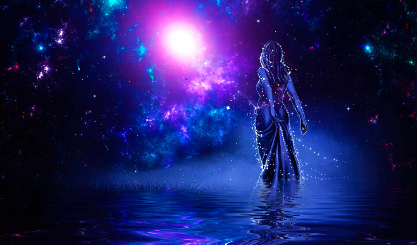sky, girl, comment, night, water, deck, galaxy, universe, stand