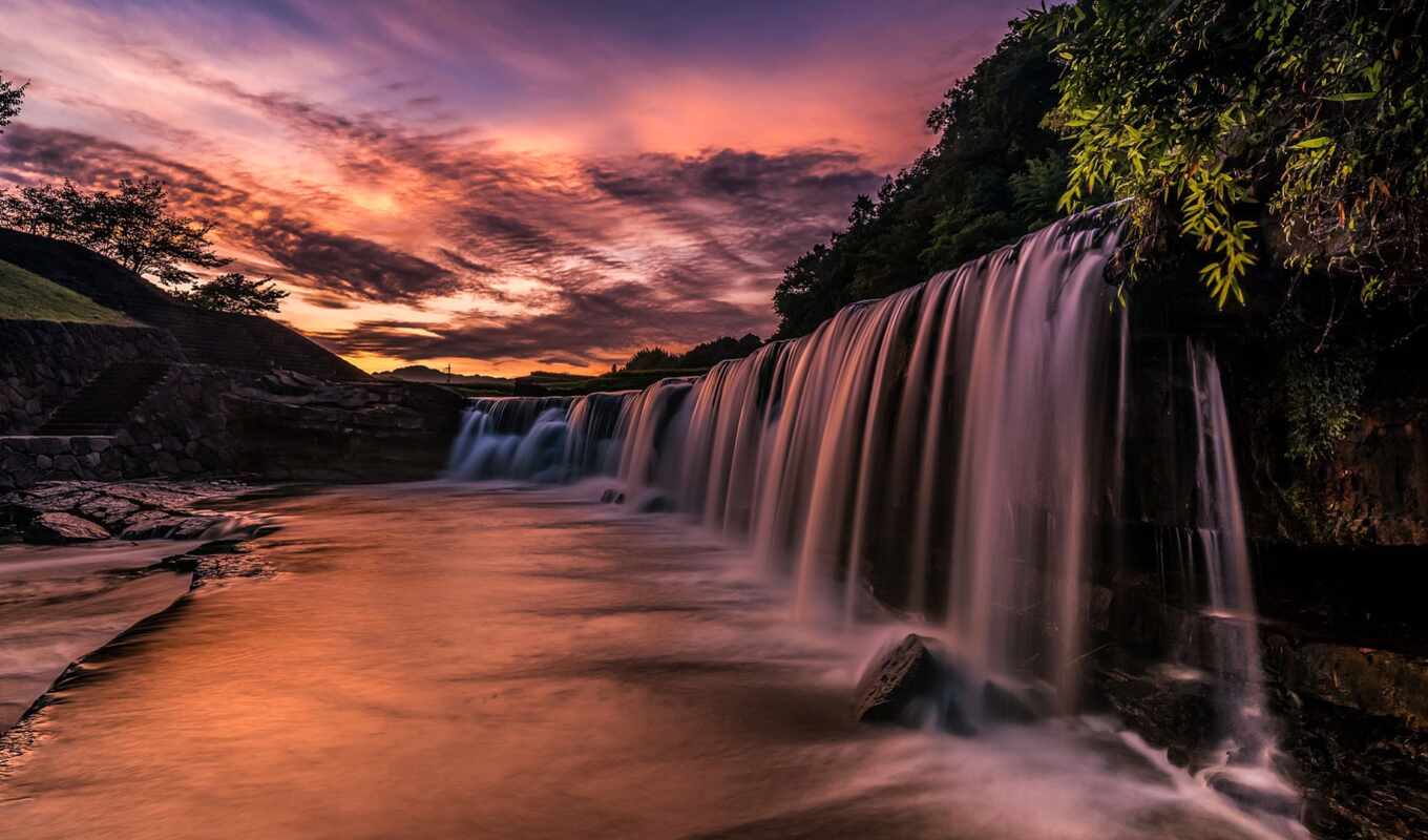 black, sunrise, river, waterfall, Japan, cascade, waterfall, chute