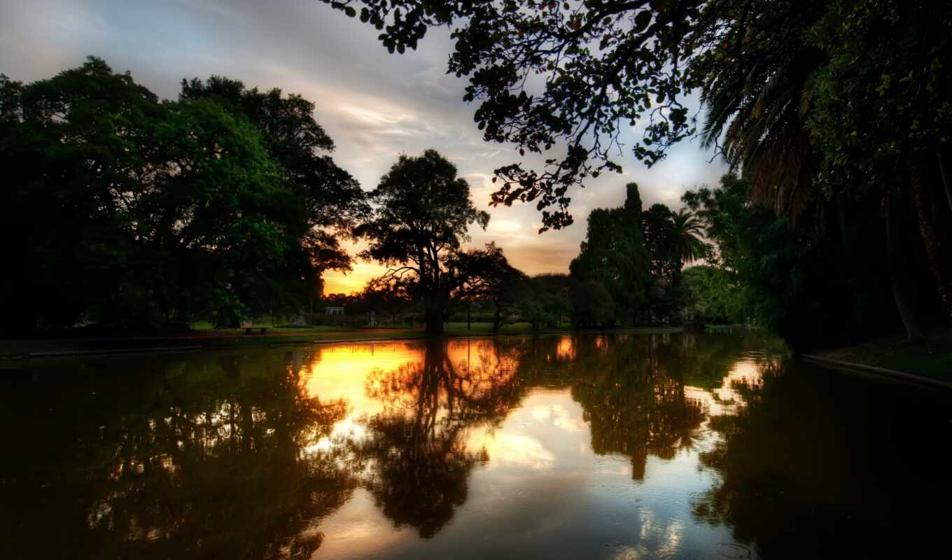 nature, sunset, river, trees, reflection, evening