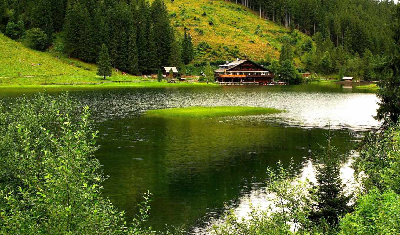 lake, nature, house, picture, tree, mountain, landscape, to find, thous