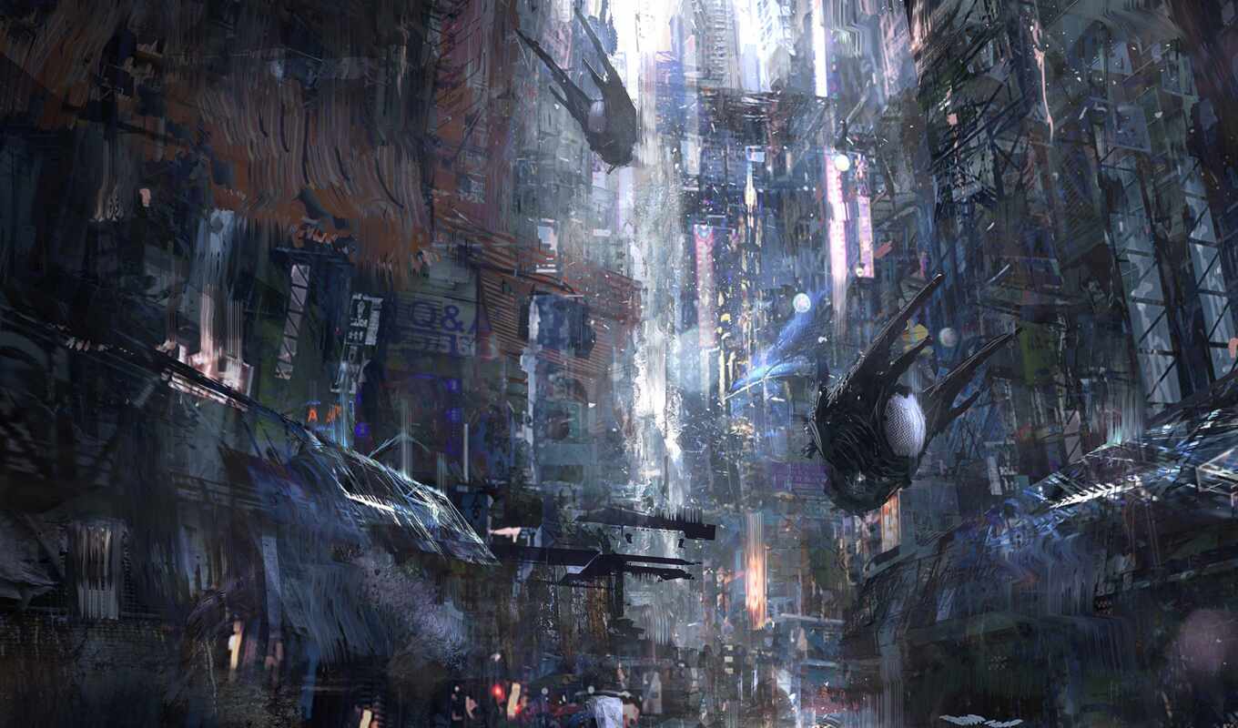 art, robot, фантастика, город, ночь, artwork, science, concept, cyberpunk, wadim