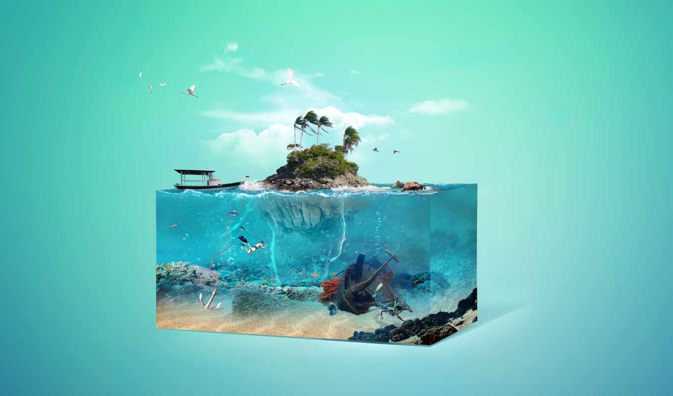 art, rock, море, world, остров, tropical, лодка, underwater