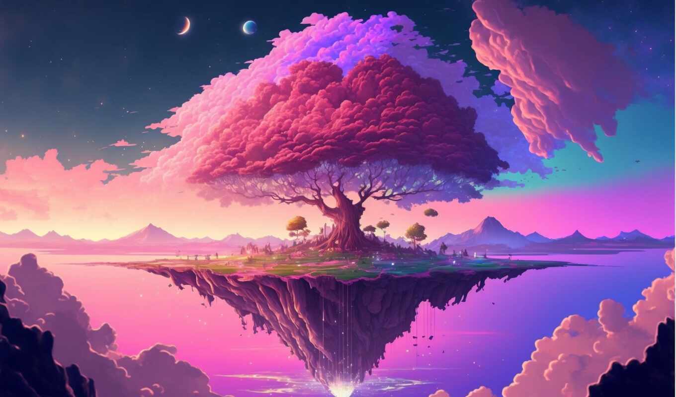 art, digital, tree, island, pink, float