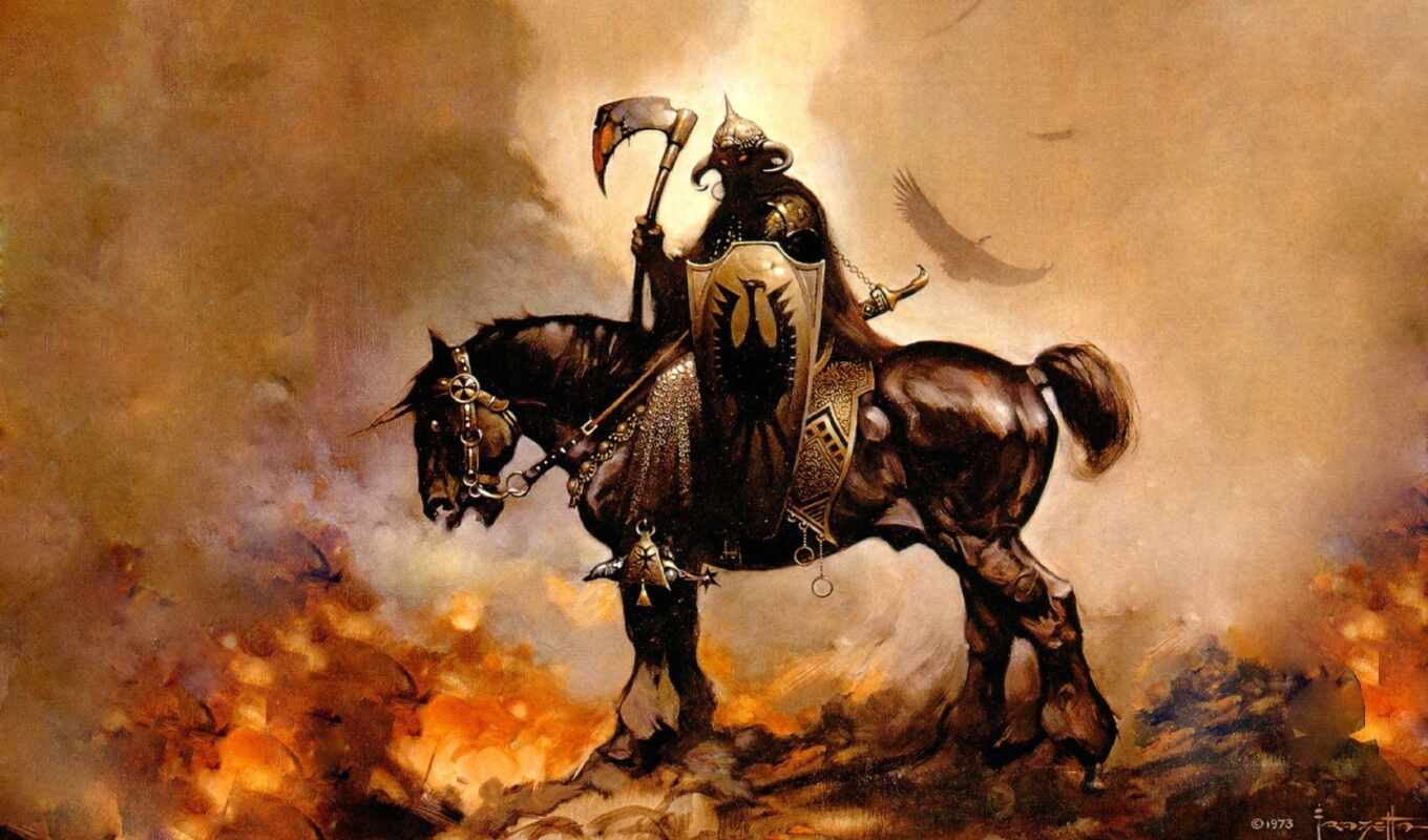 picture, drawing, horse, fire, fantasy, the rider, frazetta