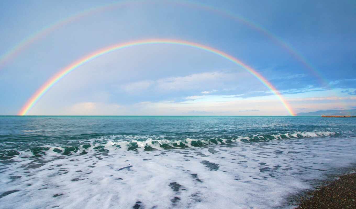 rainbow, sea, waves