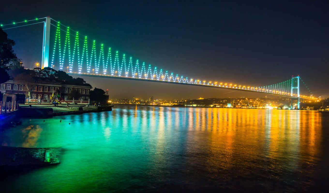 город, ночь, мост, огни, море, turkey, istanbul, bosphorus, marmara