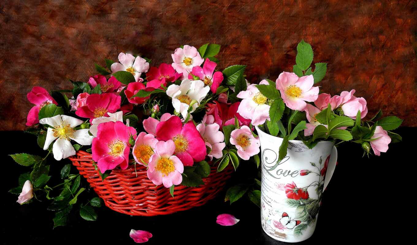 glass, picture, roses, pink, basket, cvety, tea, petals