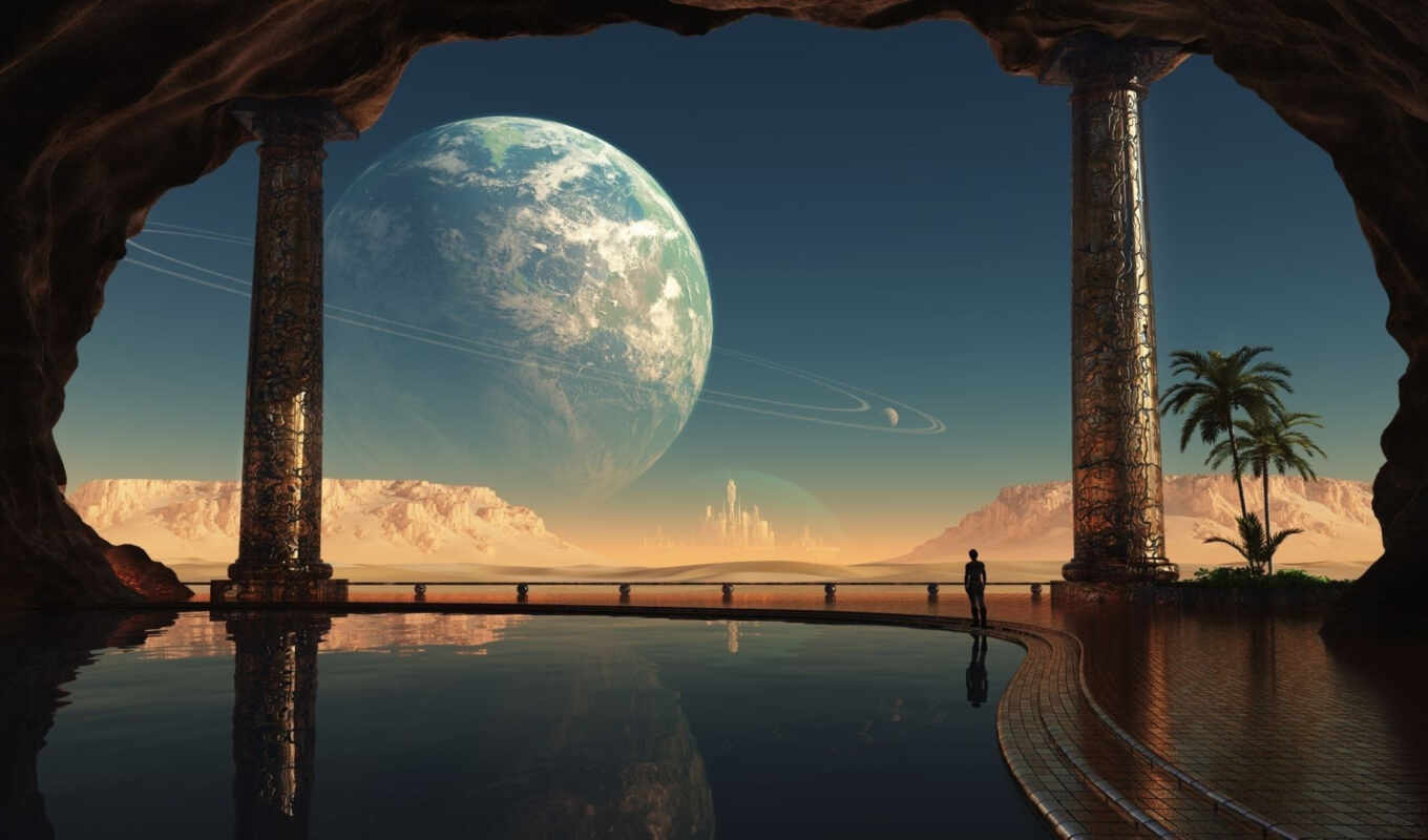 fantastic, city, view, swimming pool, planet, rings, dome