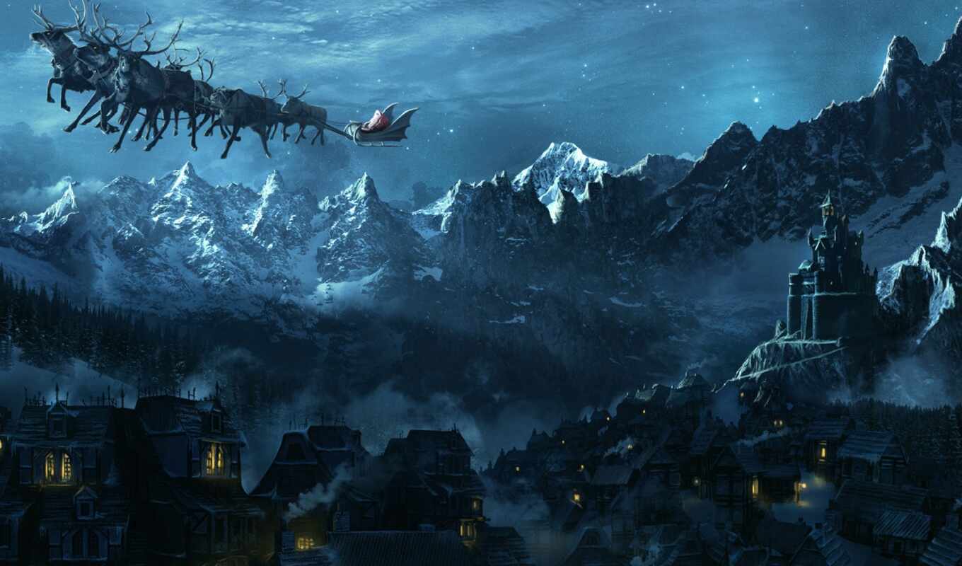 mountains, free, flight, night, lights, year, new, claus, santa, christmas, winter, artwork, holiday, mood, holidays, the town, miracle, seasons, claus, reindeer