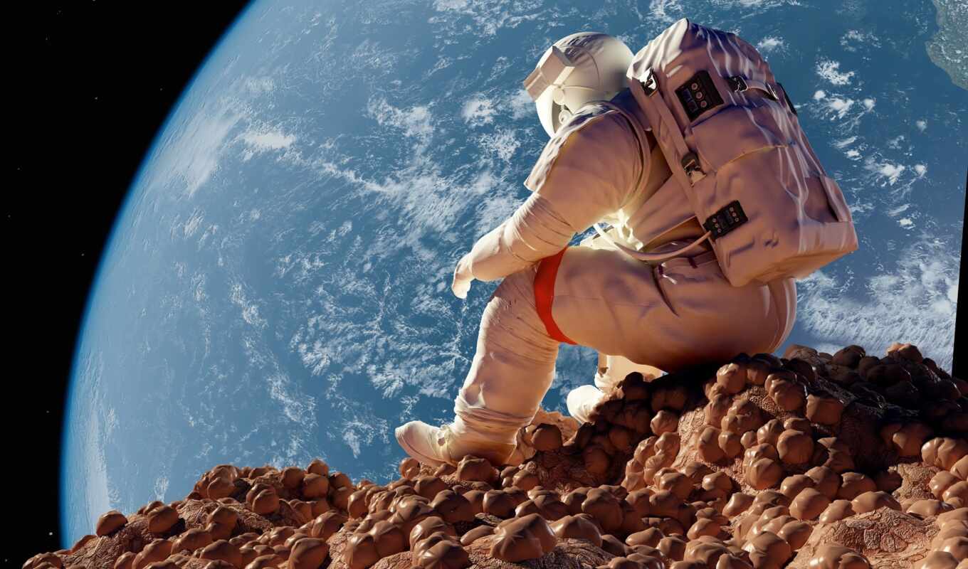 луна, космос, stock, earth, сидя, астронавт, смотреть, космонавты