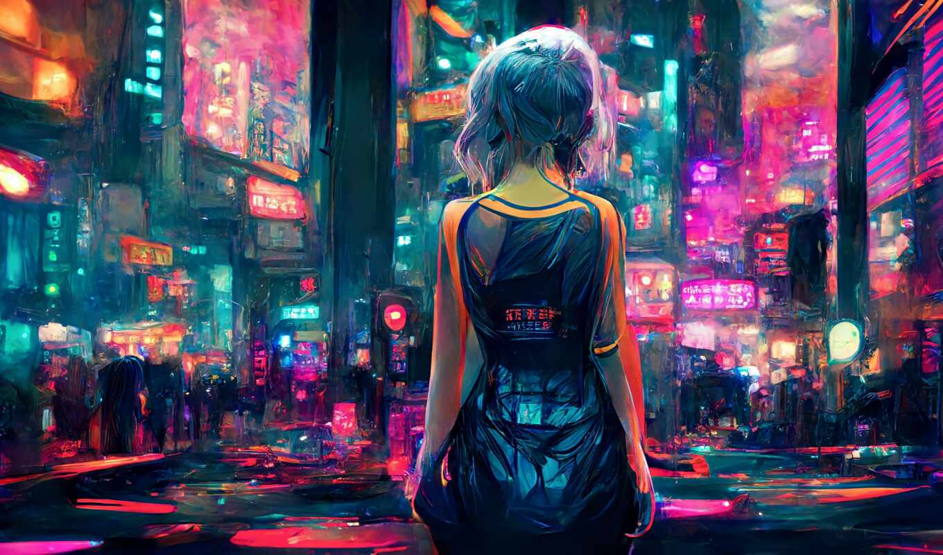 anime, город, огни, neon, cyberpunk, futuristic