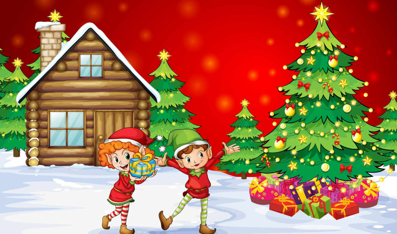 girl, house, vector, new, year, christmas, gift, elf, kid, illustration