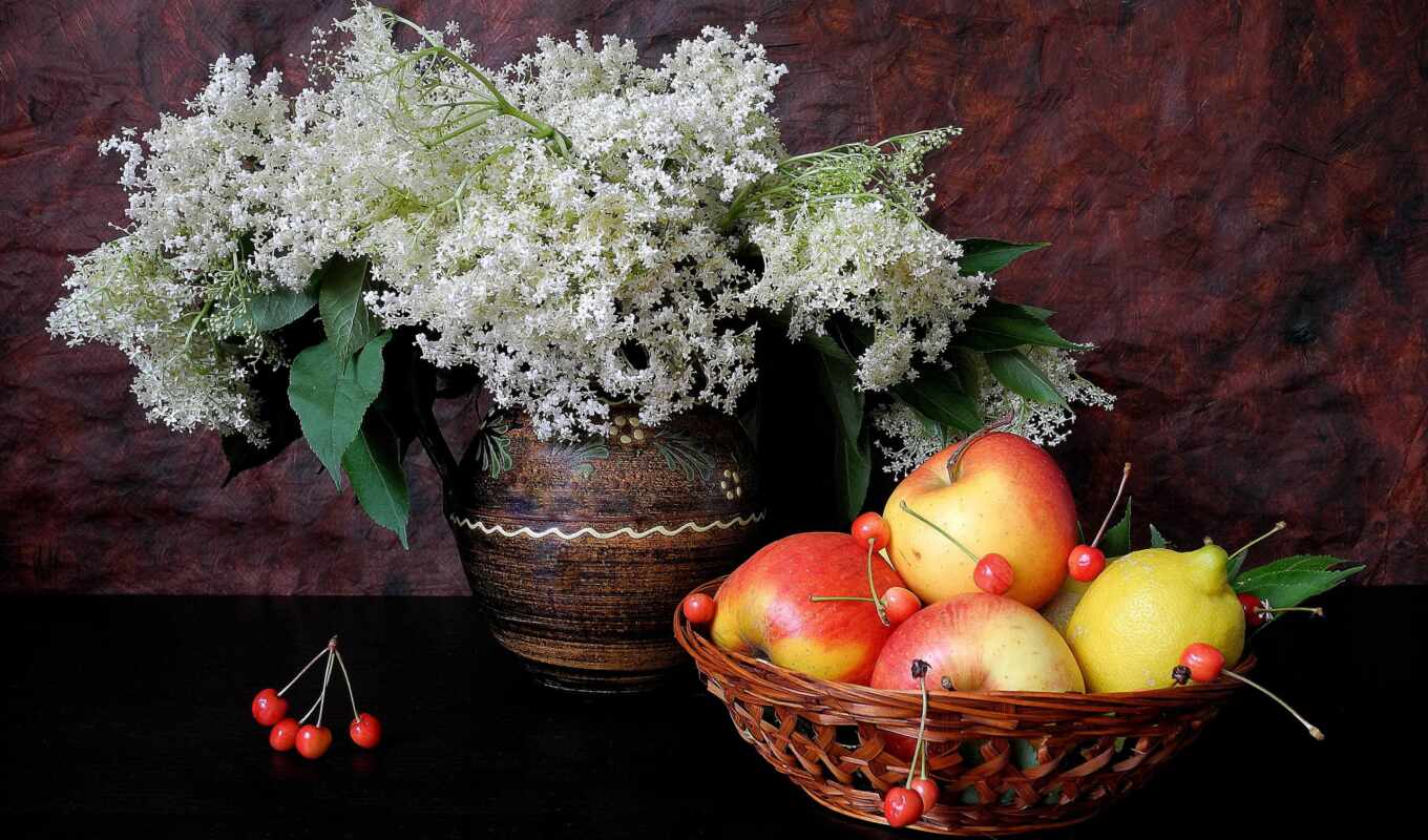 apple, cherry, lemon, vase, cvety, fruits, still-life