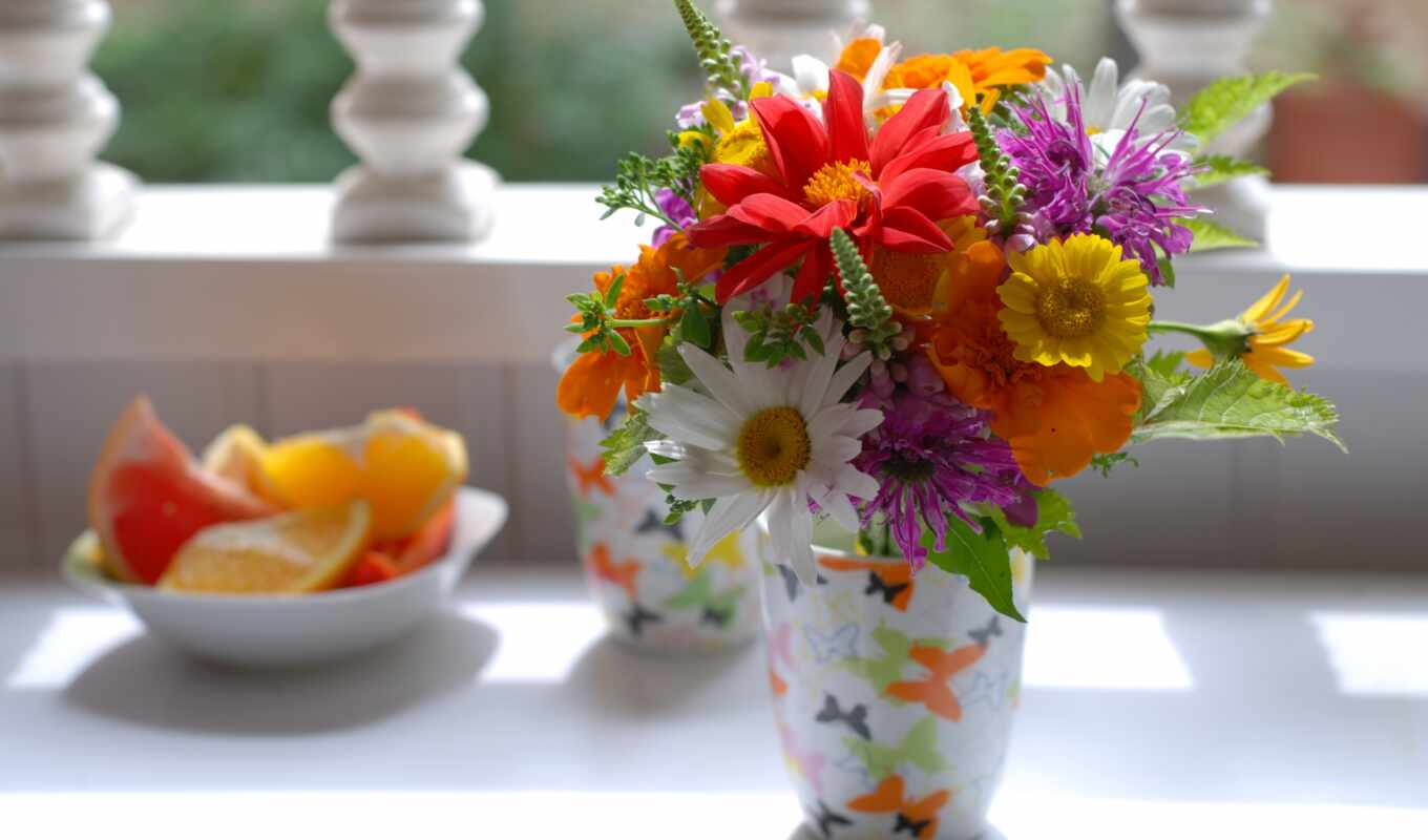 summer, bouquet, vase, daisies, cvety