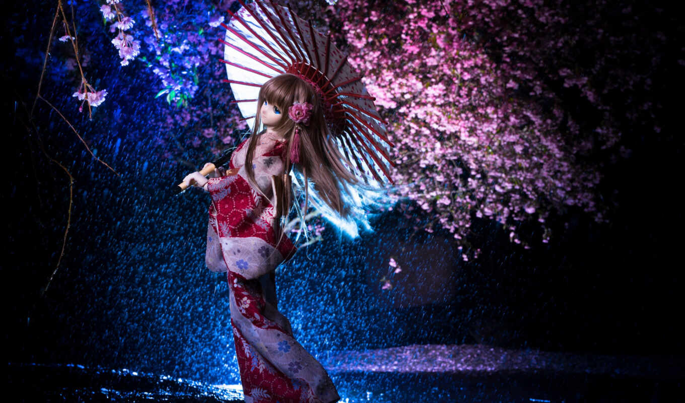 art, girl, rain, night, Sakura, japanese, baby, umbrella, doll, kimono