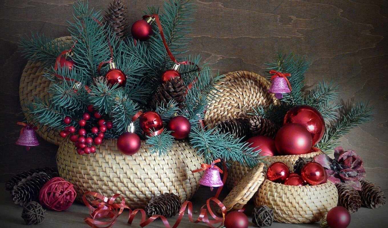 christmas, spine, basket, decoration, flasks, thread, balloon, cone