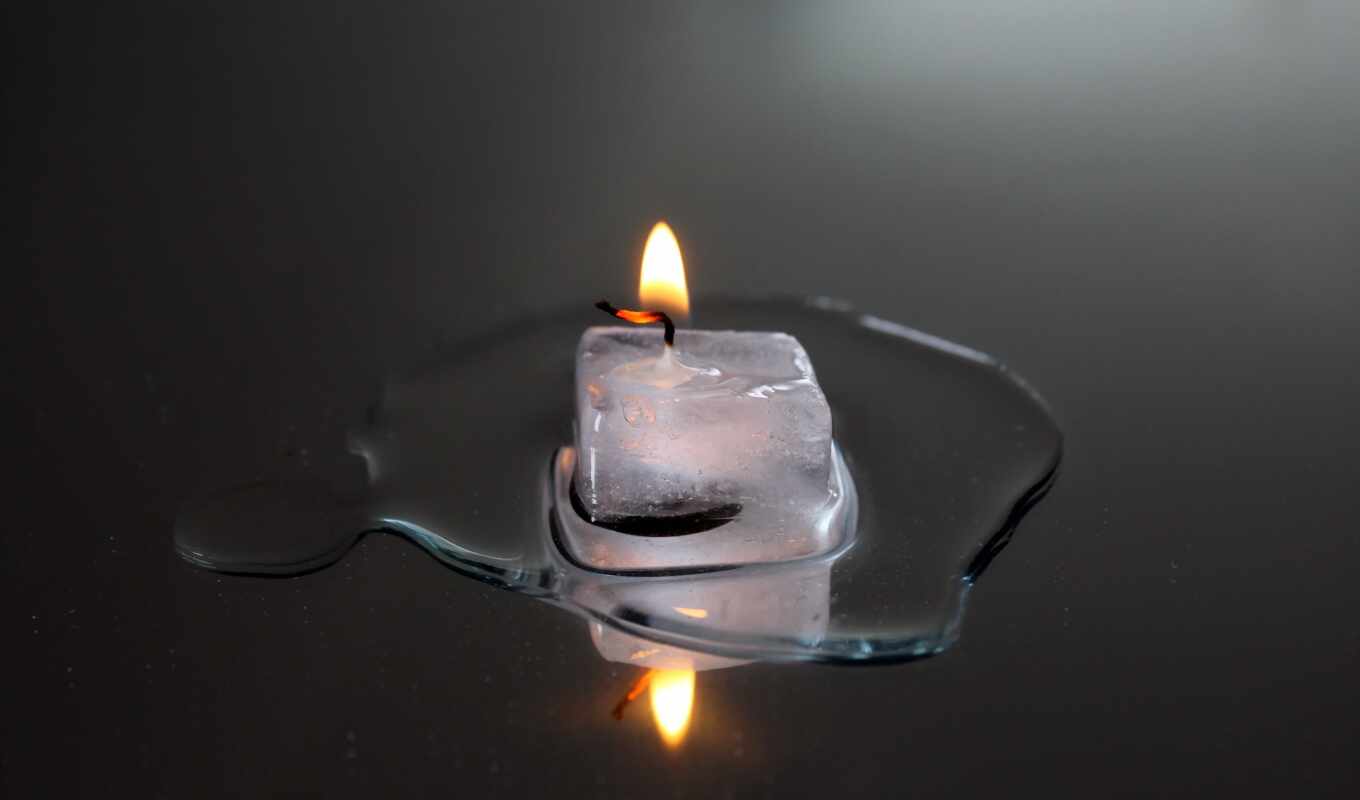 ice, gray, fire, smooth surface, flame, candle, reflecting, cancer